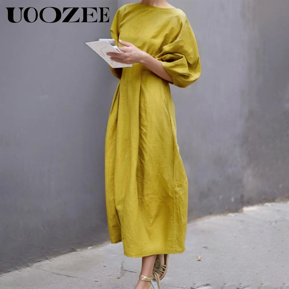 UOOZEE Women's Linen Maxi Dress, Casual Lantern Half Sleeve Summer Style with Pockets, Solid Loose Fit for Daily Elegance, Viscose, Maxi Dress For Women