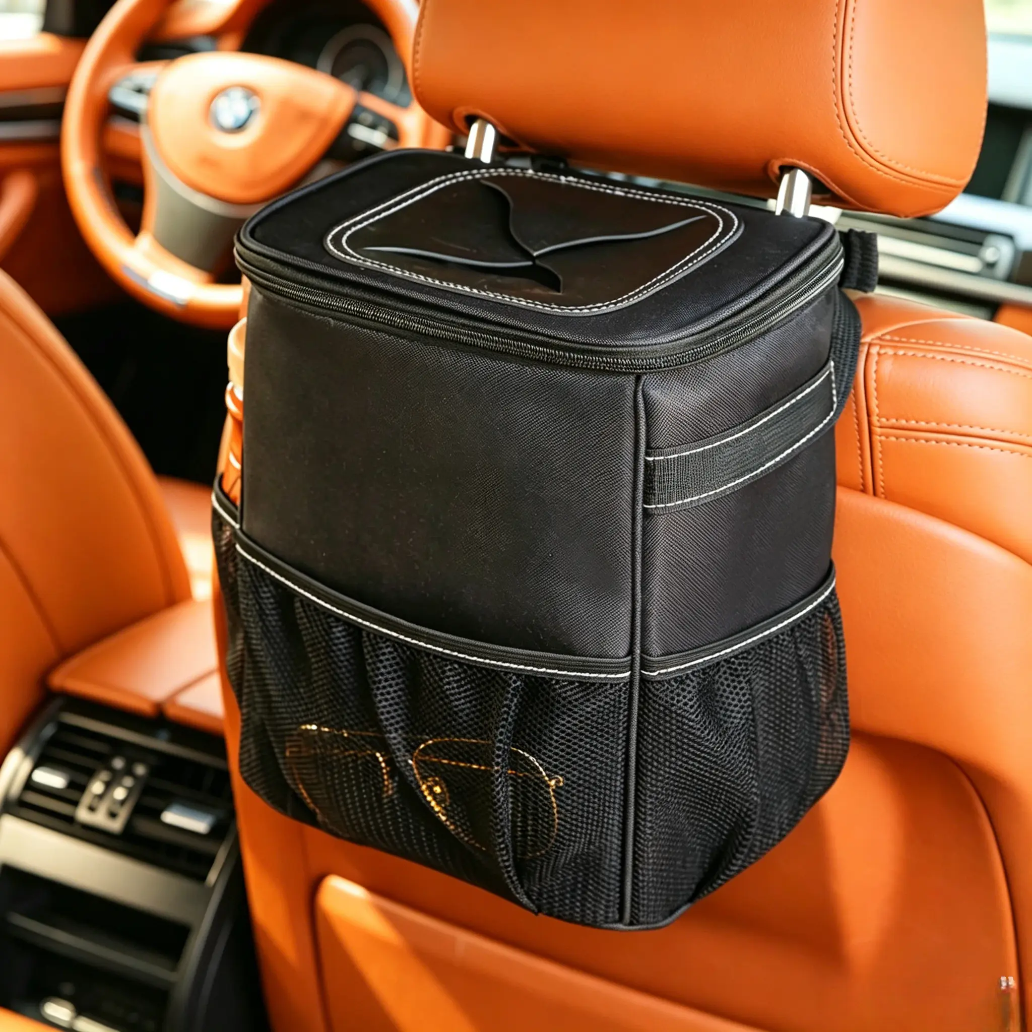 Car Trash Can with Lid & Trash Bags, Leakproof Hanging Car Organizer with 3 Mesh Pockets, Waterproof Car Accessories for Interior, Foldable Vehicle Garbage Bin for SUV Truck RV, Car Essentials