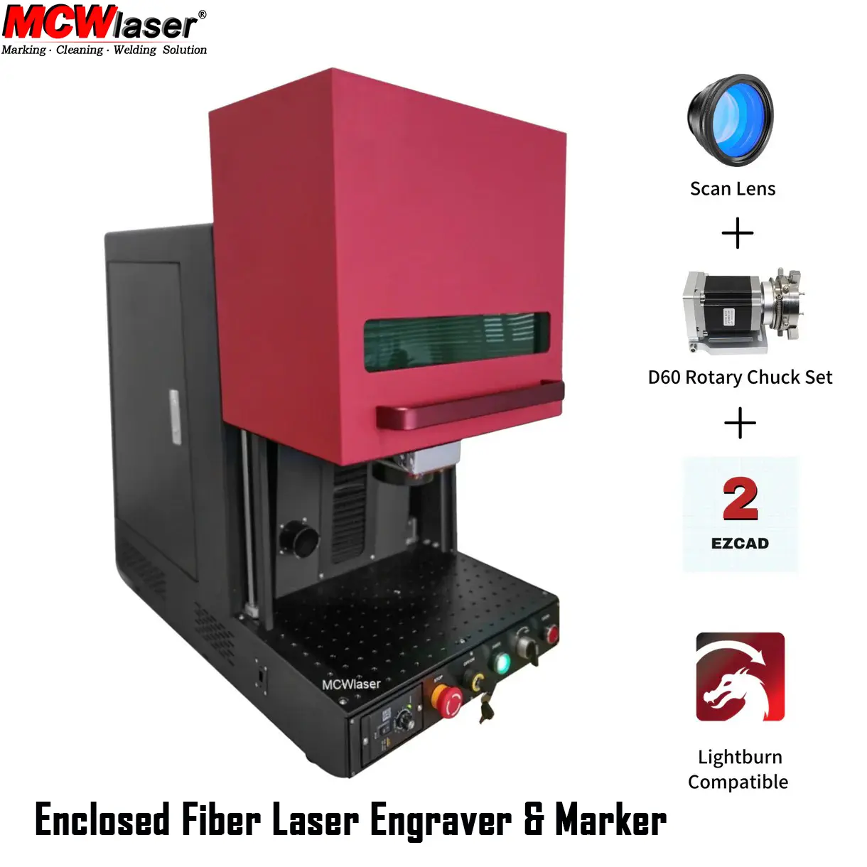 MCWlaser QS 50W Enclosed Fiber Laser Engraver with D69 Rotary & Smoke Exhaust, JPT LP+ Source, Safe Metal Marking Machine for Garage & Small Business.
