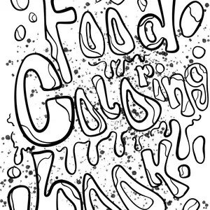 Food Digital Coloring Book - Black and White Design Featuring Food Shapes and Text