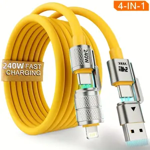 4-in-1 Multi USB C Charging Cable Cord Fast Charge 240W for Carplay, USB A/C to USB C/L, Chubby Cable C Compatible with iPhone iPad Samsung MacBook Tablets All Devices, Camping & Travel Essentials