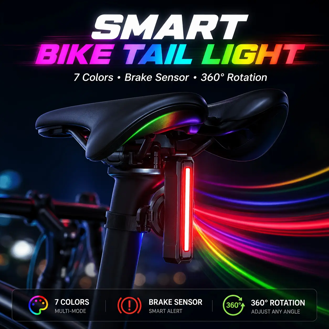 Smart Bicycle Taillights |   LED Bicycle Taillights - RGB Taillights with Intelligent Sensing, 360 °   Rotation, Automatic Brake Lighting, Vibration Sensing, 7 Light Colors, 9 Light Modes, Suitable for All Bicycles, Motorcycles, And Cars