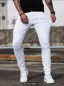 Men's Ripped Skinny Jeans, Motorcycle Style Patchwork Streetwear, Comfortable Casual Daily Wear, All Seasons Fitted Denim Jeans