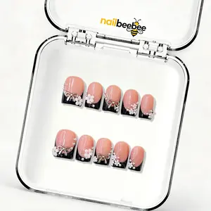 NailBeeBee｜10PCS 100% Handmade Press-On Nails｜C015 0.8 Inch｜Reusable Colorful Art Acrylic Stylish｜Black French Tip Silver Bow & Flower