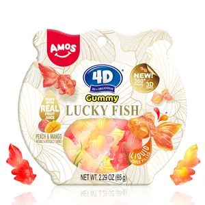Amos 4D Gummy Lucky Fish Candy, 3D Goldfish-Shaped Gummies with Mango & Peach Juice, 65g per Bag, Gluten-Free Snack
