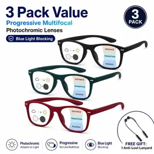 Progressive Multifocal Reading Glasses Blue Light Blocking No-Line Readers for Men & Women Lightweight Everyday Eyewear with Free Anti-Lost Lanyard Photochromic Lenses