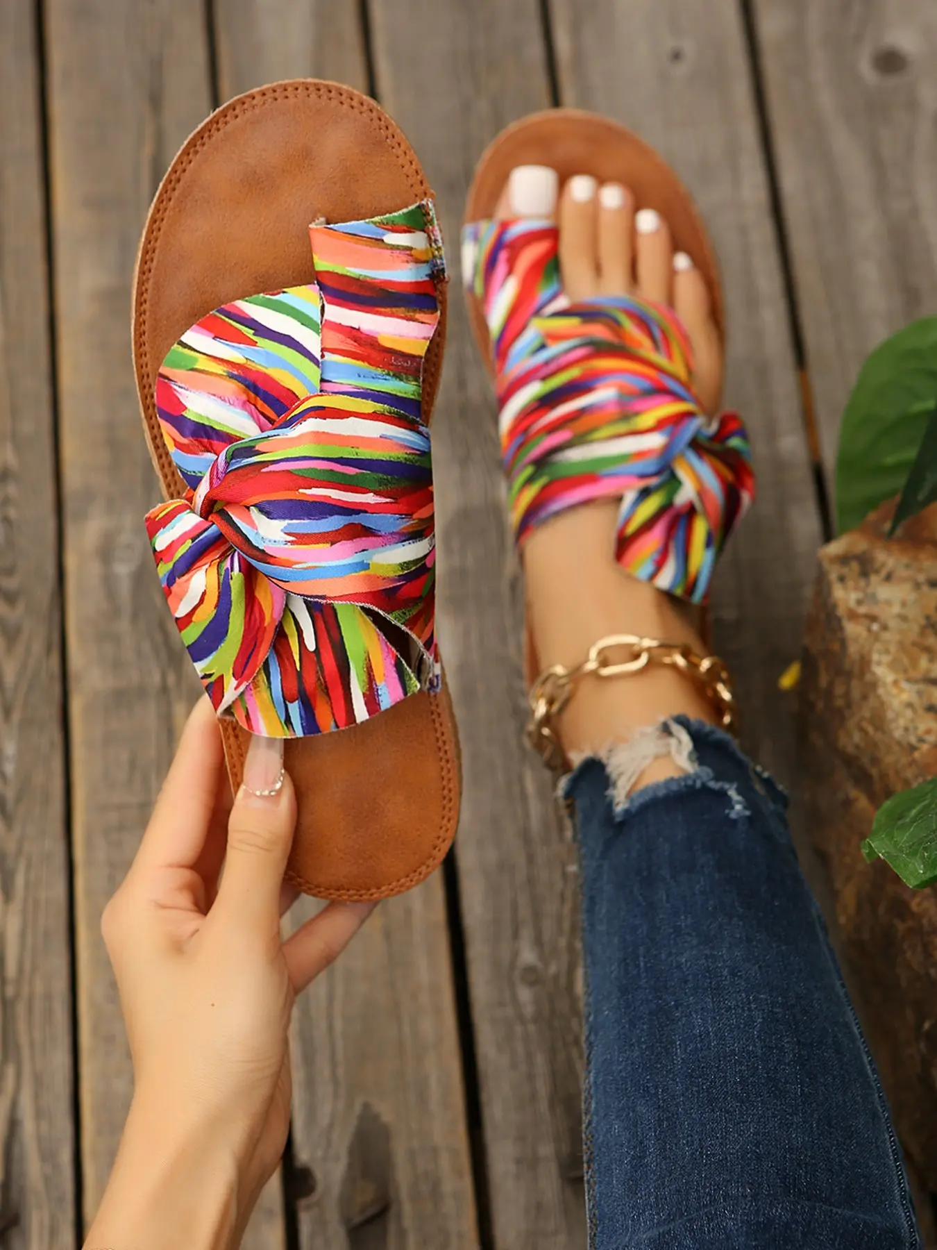 Colorful Butterfly Flat Sandals, Fashion Irregular Color Print Ethnic Style Bohemian Sandals Summer Beach Slip-On Shoes for Women, Textile Upper, Rubber Sole