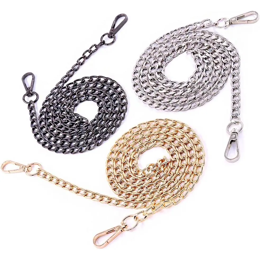 3 count  Polished Metal Chain Fashion  Inche Replacement Flat Chain Strap with Buckles Set,  for DIY Metal  Cross  Bag Hand Bag Purse Replacement(++-Black