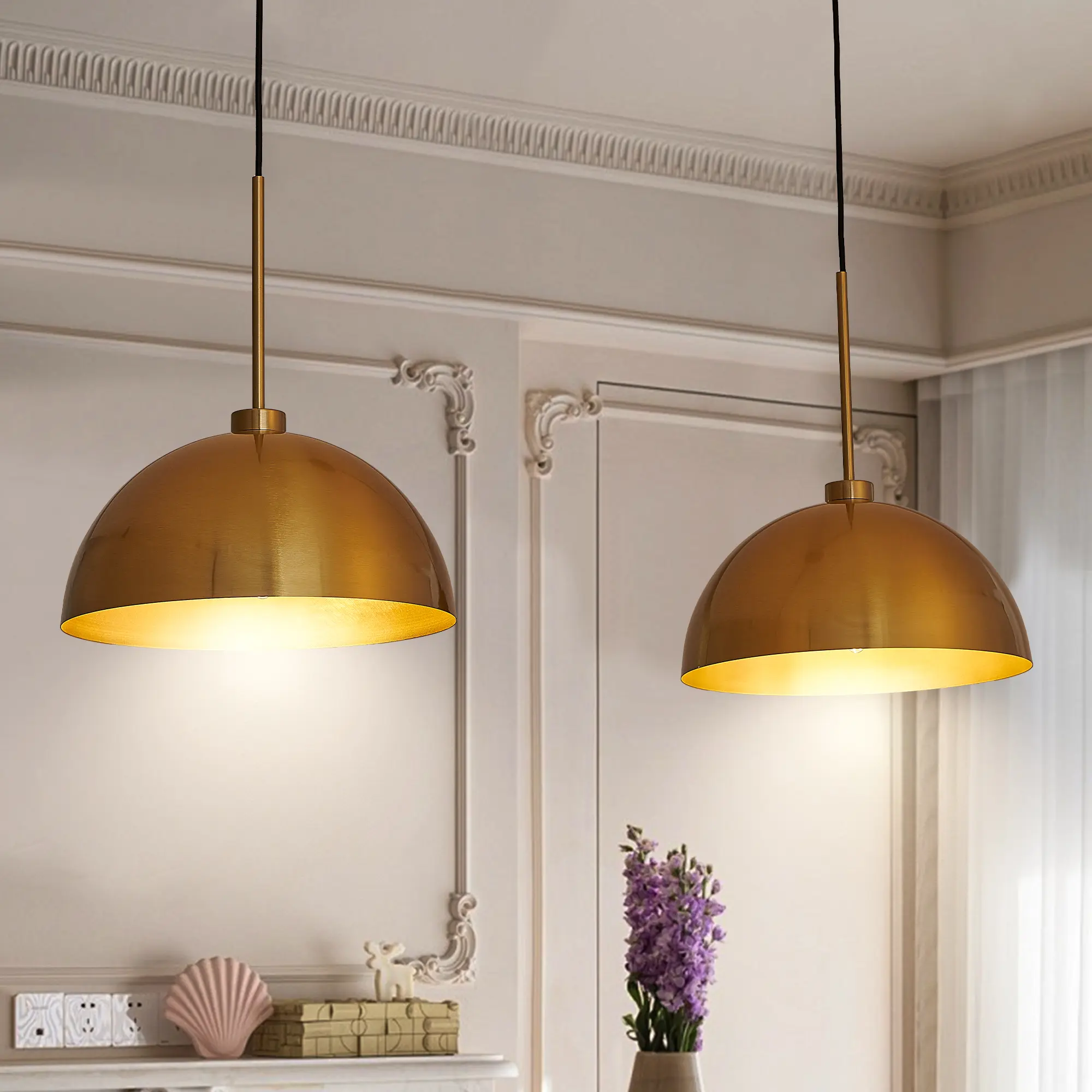 41in Industrial Modern Copper Double Pendant Light - Adjustable Height Ceiling Hanging Lamp, Bright Finish, Stylish Durable Fixture, 41.30 x 13.80 x 23.60 inches, 7.30 lbs, for Dining Room, Warm Light (No Bulbs Included), Double Headed Design