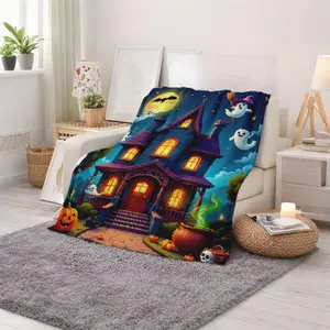 Halloween Haunted House Ghost Pumpkin Witch Cauldron Print Blanket Cozy Throw for Indoor Outdoor Use Perfect Halloween Party Decoration and Spooky Autumn Gift for Adults Teens Lovers of Halloween Season and October Festivities