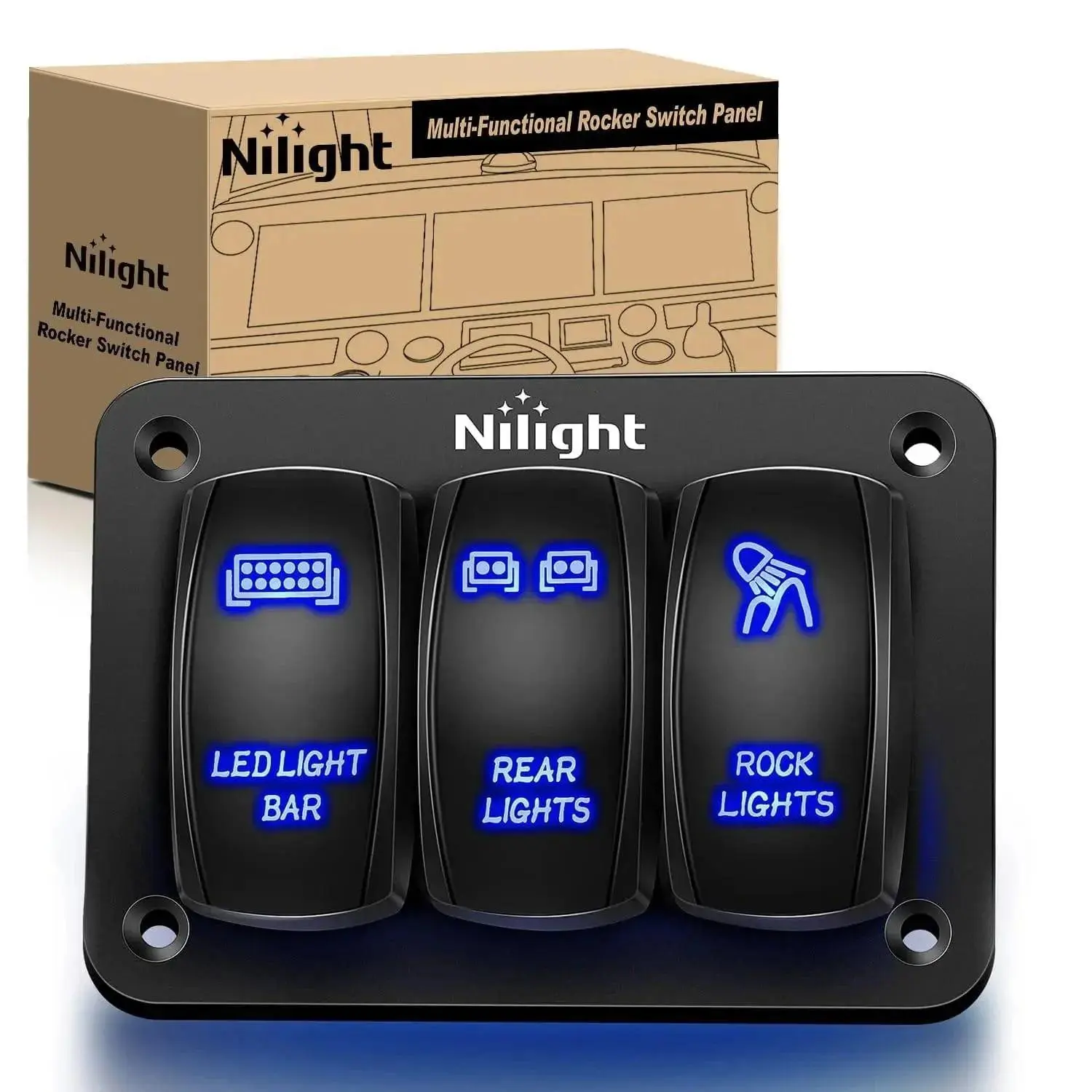 Nilight 3-Gang 5-Pin SPST ON/OFF Control Light Switch Panel - Blue LED Cool Illuminated Light, Aluminum+ABS Construction, Laser Etched, DC 24V, 4 Screws, Easy Disconnection, Compatible with Cars, Boats, ATV (Includes 2-Gang Rocker Switch Panel)