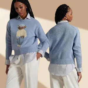 European & American 2025 New Women’s Casual Round-Neck Cartoon Pattern Embroidered Sweater Pullover Top – Knitted Long-Sleeve Crewneck