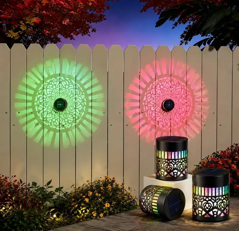 Geometric Solar Mandala Projection Fence Lights - 7 Color Changing Metal Solar Outdoor Lamp, Waterproof Wall Lights for Patio Lighting, Courtyards, Halloween 2026 Party Gift Decor