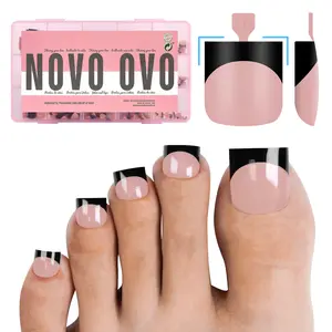 NOVO OVO Halloween Black French Tip Toe Nail Tips Press on, BABY PINK Sharp Square Pre-Designed Soft Gel False Toenail Extension, Long/Medium Wide Fake Toenails, Full Cover Acrylic for DIY 15 Sizes 240 pcs