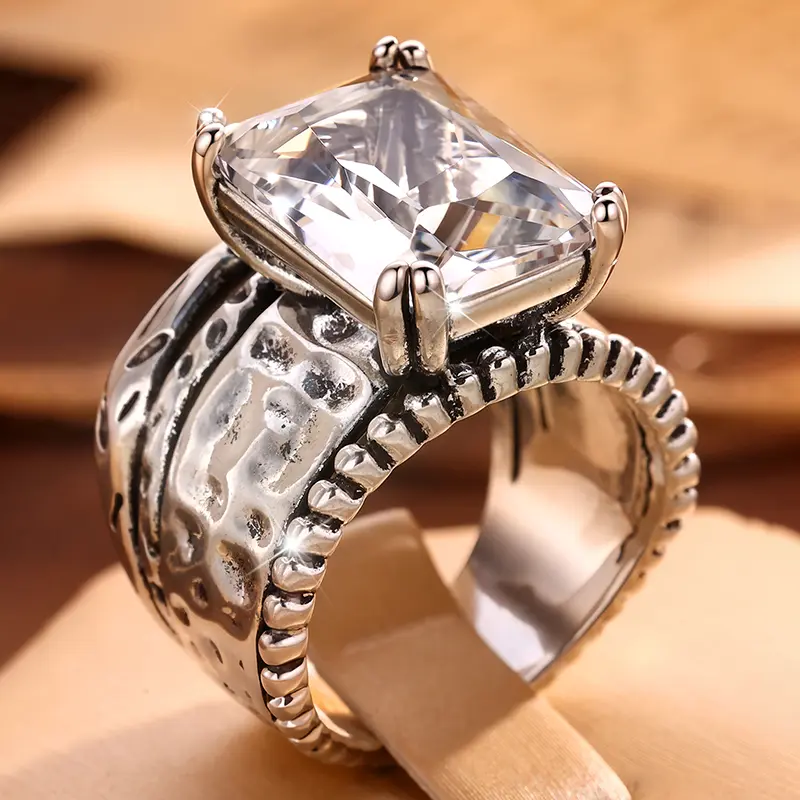 Women's Vintage Elegant Rectangular Crystal Statement Ring - Retro Layered Copper Costume Jewelry for Wedding, Engagement