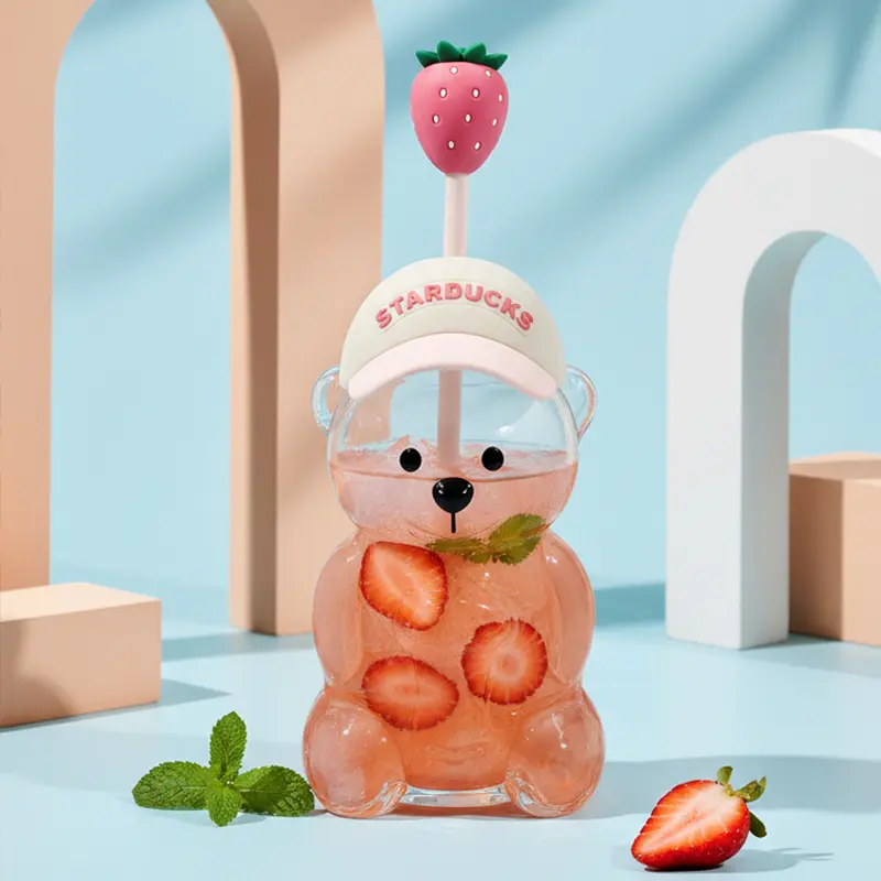 Viral Kawaii Bear Glass Tumbler with Straw & Strawberry Topper, Cute Bearista Shaped Clear Glass Cup Aesthetic Iced Coffee Water Cup, Trendy Drinkware Gift for Girls