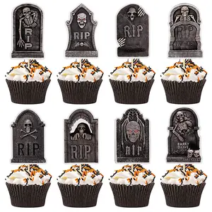 16/40count Halloween Tombstone Cucountake Toppers Picks Horror Skeleton RIP Dessert Cake Flag Halloween Birthday Party Decorations