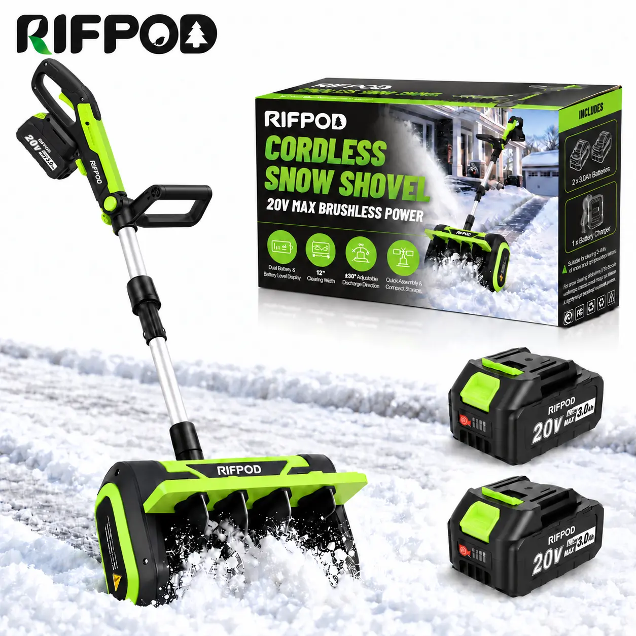 RIFPOD Cordless Snow Shovel, 20V Battery Snow Blower with 2 × 3.0Ah Batteries, Electric Snow Thrower with Directional Plate & Adjustable Front Handle, Portable Cordless Snow Removal Tool for Driveways, Steps, Sidewalks and Walkways