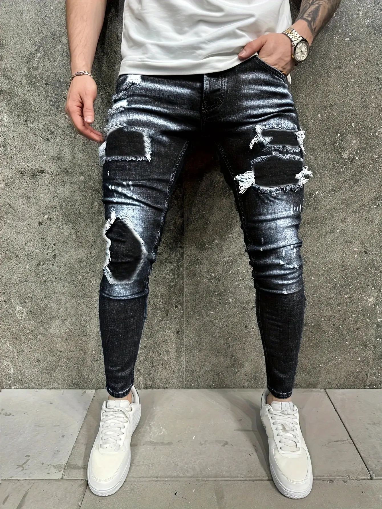 Men'S Fashionable Light Blue Skinny Jeans - Stretchy, Comfort Fit, Distressed Design with Torn Knees, All-Season Denim Pants for Spring, Fall, Summer, and Winter, Casual Attire|Distressed Jeans|Stretchy Fabric