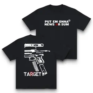 Y2K Graphic T-Shirt Double-Sided Print with The Slogan Put Em Onna News Or Sum with Bullet Hole Design Crew Neck Short Sleeve Made In USA For Women For Men [180G/230G 100% cotton short-sleeve/hoodie, lightweight and breathable, soft and comfortable]