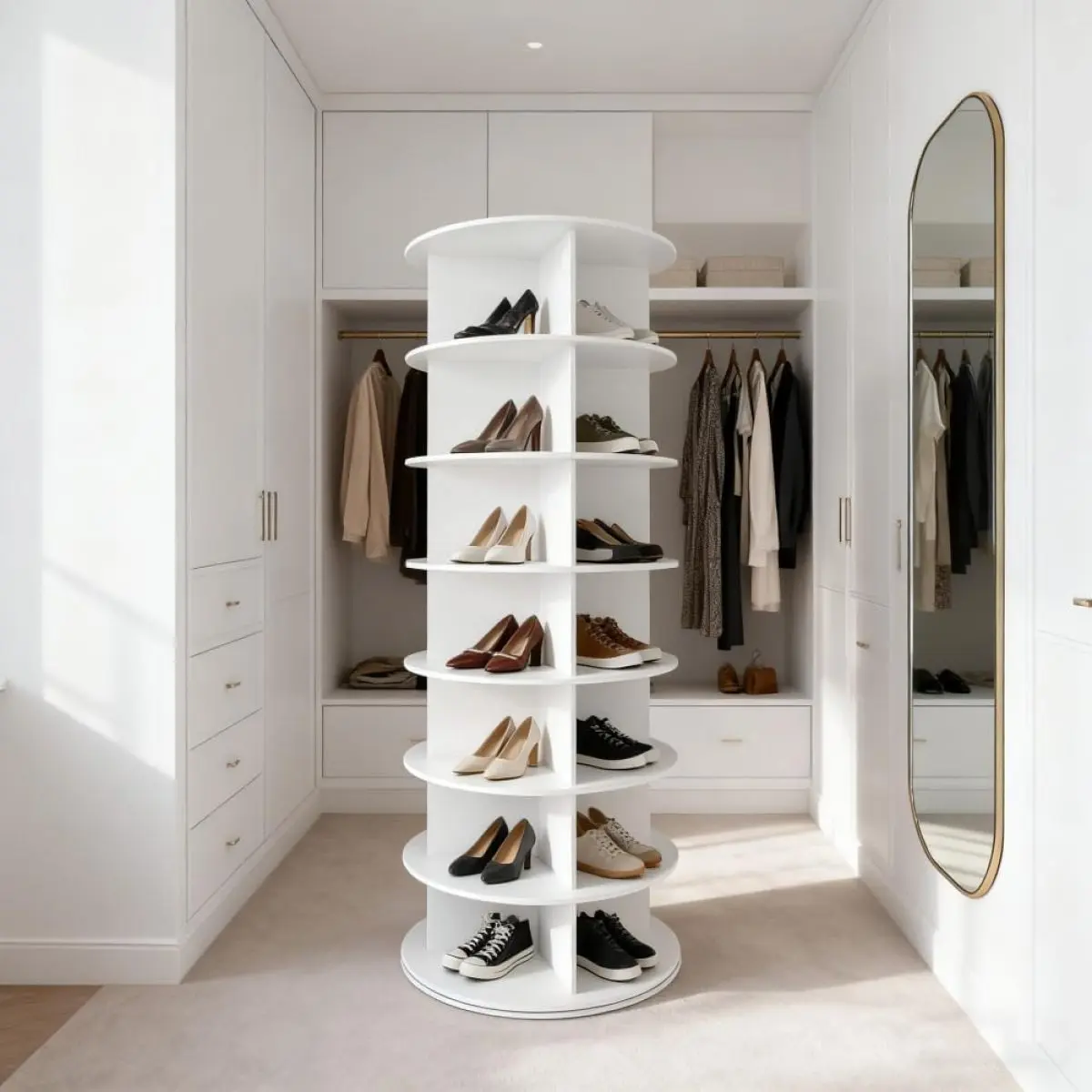 7 Tier Rotating Shoe Rack Tower, Spinning Shoe Display Lazy Susan, Revolving 360 Shoe Rack Storage Round Carousel, Vertical Handbag Rotate Shoes Closet Organization, White