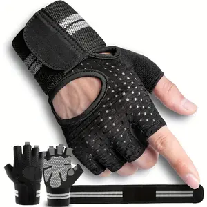 1 Pair of Breathable Knitted Fabric Fitness Gloves with Wrist Support, Thickened Fingerless Gloves for Men and Women, Gym Training Sports Grip with Hook and Loop Closure Adjustable Strap Workout gym stuff