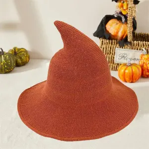 Women Witch Hat for Halloween Wool Hats Wide Brim Spire Knitted Cap for Party Masquerade Cosplay Costume Daily