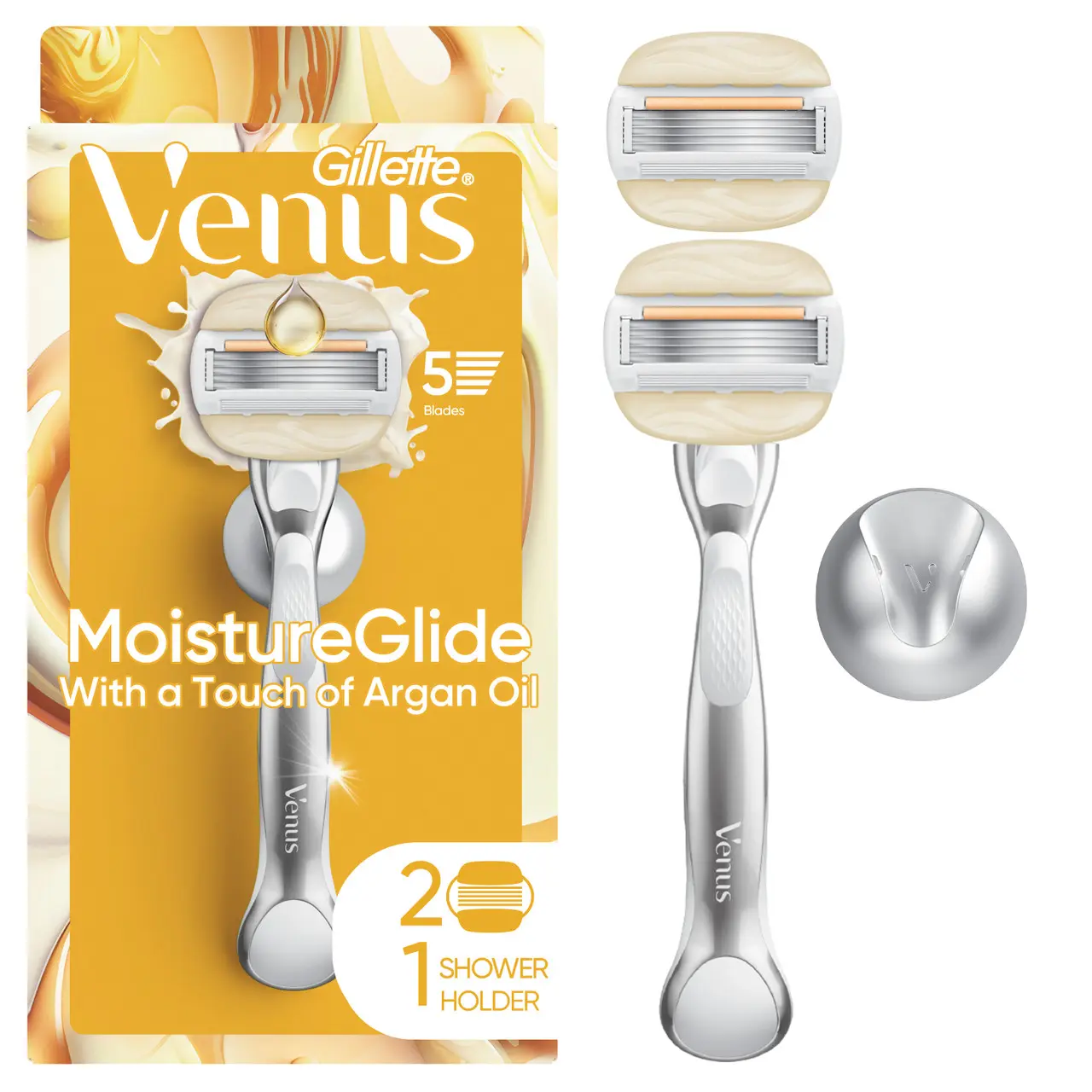 Venus Moistureglide Women's Razor Handle, 2 Blade Refills + Shower Holder