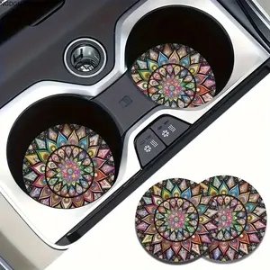 Colorful Mandala Car Coasters (2 Pack), Non-Slip Absorbent Cup Holder Mats, Boho Print, Perfect for Styling Your Car Interior