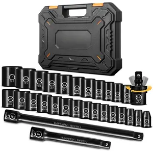 3/8" Drive Impact Socket Set, 29 count Shallow Socket Set SAE 3/8" to 1" | Metric 8 to 22mm, Includes 6", 10" Extension Bars, Universal Joint, 6 Point Design, Cr-V Steel, Meets ANSI Standards