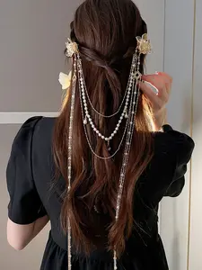 Elegant Pearl Rhinestone Flower Hair Clip, Long Tassel Design, Women's Fashion Accessory, Perfect for Special Occasions, Wedding Hair Decor, Barrettes Hair Clips, French Hair Clips