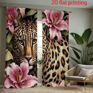 2 Piece Curtain Set, Bedroom Insulated Half Shade Curtains, Window Drapes, Home Decorative Curtain, Leopard Flower Print, Cartoon Animal Design, Polyester Material