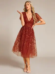 Ever-Pretty 2026 Spring dress ,Short Sleeves Leaf Sequin A-Line Midi Formal Wedding Guest Dress ,Formal dress,Evening Dress 02230