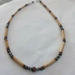 Handmade Bamboo Necklace with Red Tigers Eye Agate & Hematite Beads 15 Inch Chocker No Plastic One of a Kind