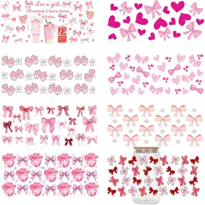 UV DTF Cup Wrap - 8 Sheets Pink Bow UV DTF Cup Wraps for 16 oz Glass Water Bottle, Pink Bow Uvdtf Transfer Stickers for Girls DIY Craft Decorations, Creative Gifts for Girlfriend