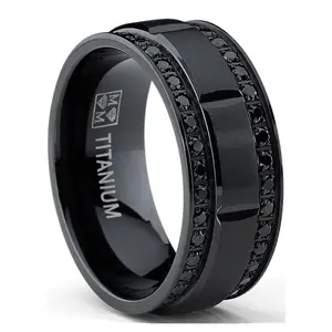 9MM Men's Black Titanium Wedding Band Ring with Double Row Black Cubic Zirconia, Comfort Fit