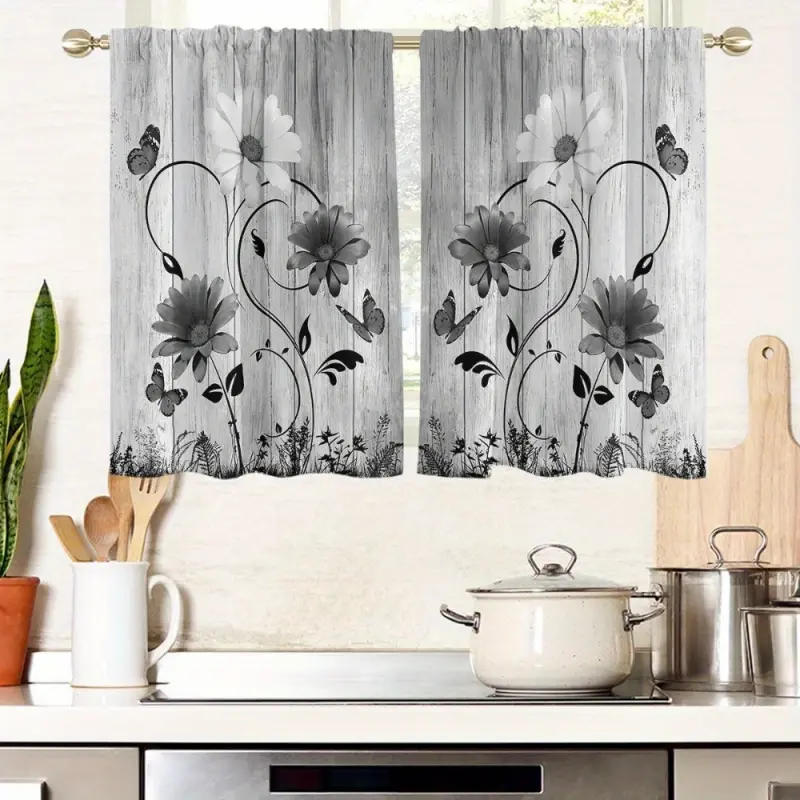 2pcs Farmhouse Boho Butterfly Print Polyester Knit Blackout Layered Ruffle Curtains - 28x40in Rod Pocket Renter Friendly Small Window Panels, Modern Kitchen Machine Washable Home Decor, Easy-Install Sleeve, No Bleach, Renter Friendly Curtains, Small Windo