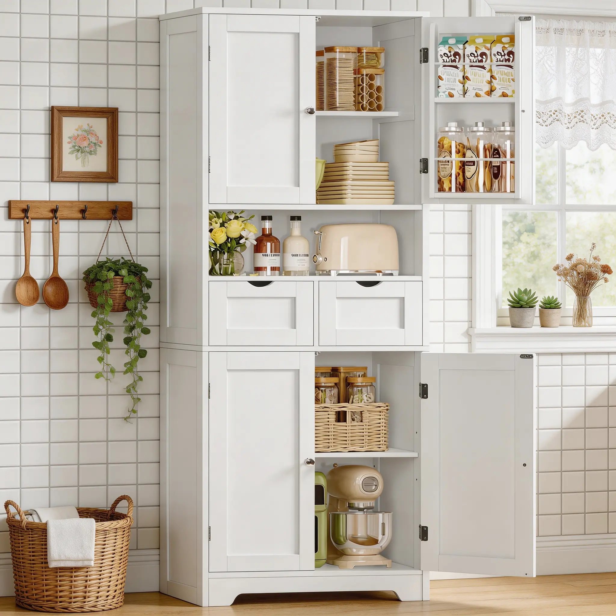 63" Tall Modern White Freestanding Wooden Cupboard - Adjustable Shelving Floor Cabinet with Drawers, Sliding Storage Rack, 6 Hanging Shelves for Dining Room, Laundry Room, Adjustable Shelving Floor Cabinets