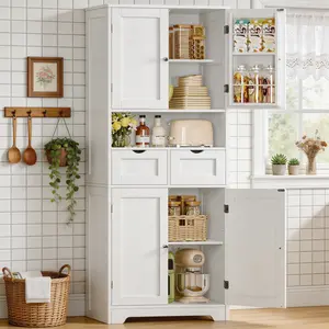 63" Tall Modern White Freestanding Wood Kitchen Pantry Cabinet, Cupboard Furniture with Drawers, Sliding Storage Rack, 6 Hanging Shelves for Dining Room, Laundry Room