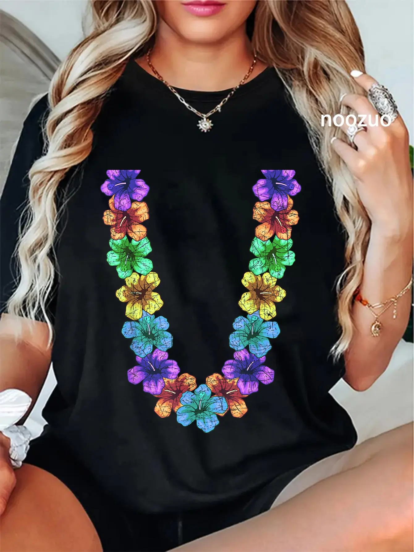 Women's 100% Cotton Pull-On Round Neck Casual Graphic T-Shirt - Floral Print, Chain Print, Distressed Edge, Cute Look, Vintage Tropical Party Top, Wide Range of Sizes