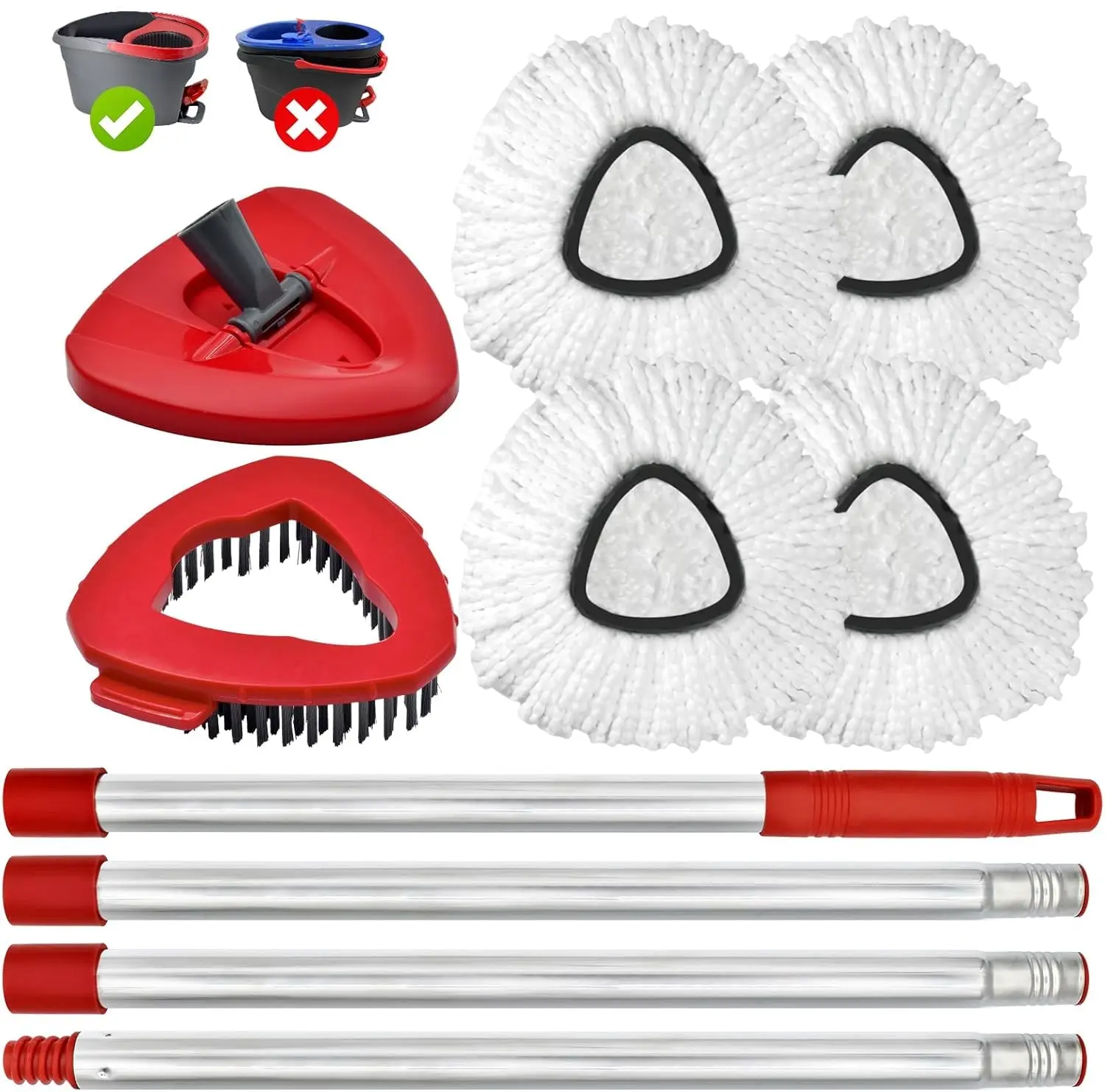 Adjustable O Cedar Compatible Home Cleaning Bundle - Spin Mop Replacements, 30-58" Handle, Brush, Triangle Base, 1 Tank, 2 Water-Absorb Microfiber Pads, Floor Clean Solution (White Cleaning Mops)