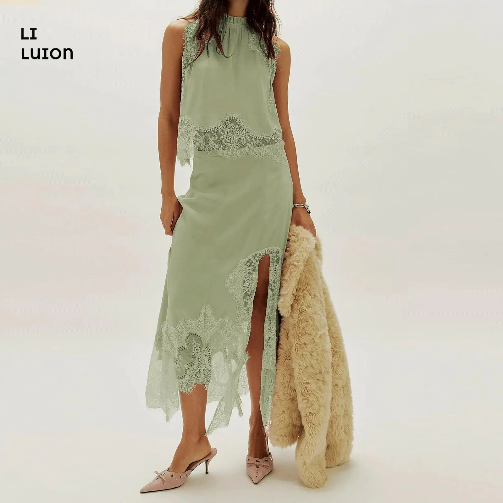 Women Satin Lace Patchwork Skirt Set Lace Trim Mock Neck Backless Tops Asymmetry Hem Maxi Skirt Silky Going Out 2pcs Outfits