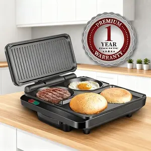 1000W 2-in-1 Sandwich Maker & Hamburger Grill, Non-Stick Electric Breakfast Station for Sandwiches, Burgers, Eggs, Muffins & Pancakes, Black HMG111B