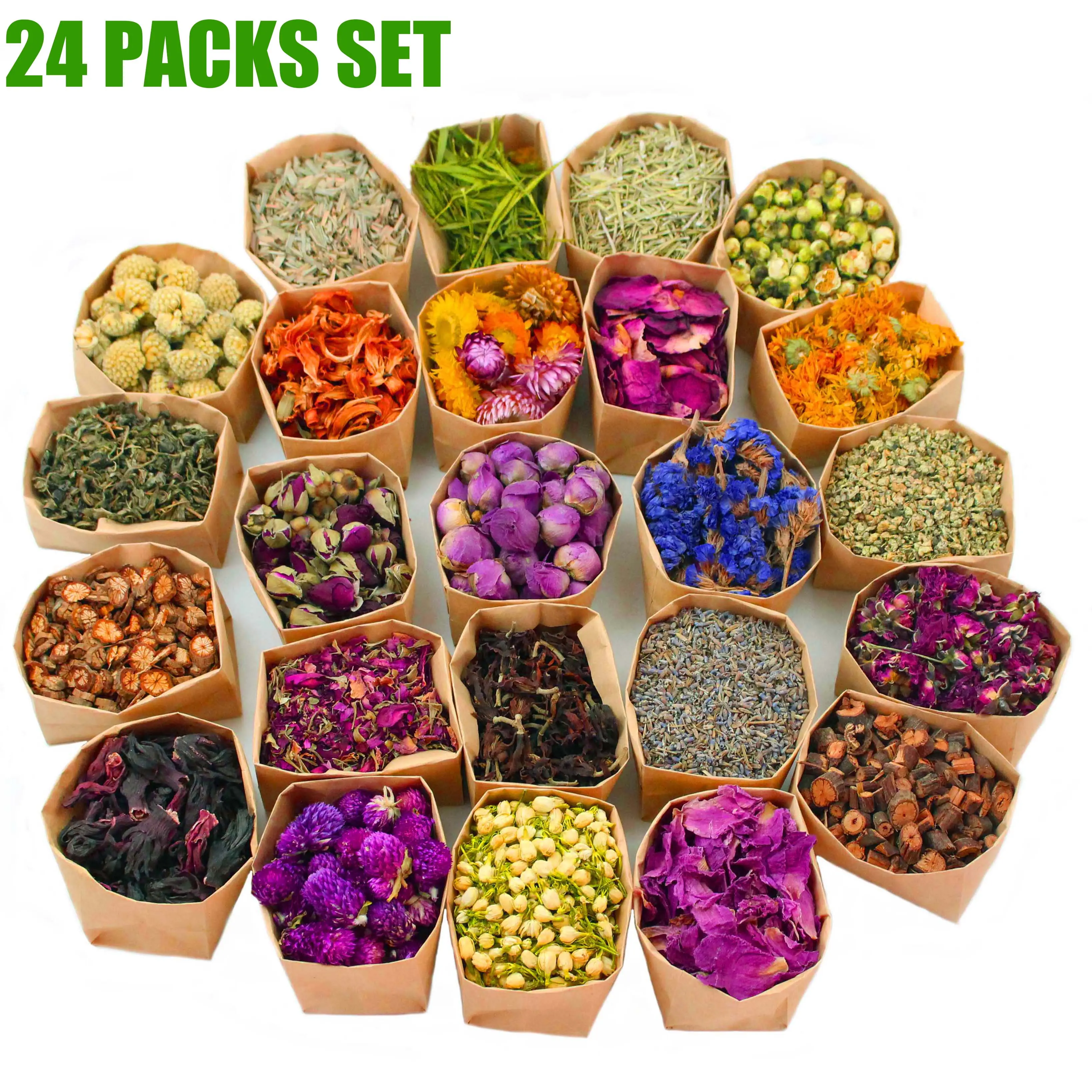24 Packs Set Dried Flowers,Dried Plants For DIY Aromatherapy Candle Making,Soap Making,Jewelry Making,DIY Handicrafts,Christmas gifts,Mother's Day decorations,Halloween decorations,Forget-me-nots, Jasmine Flowers, Lavender,Chrysanthemums,Roses, Lily,Peony