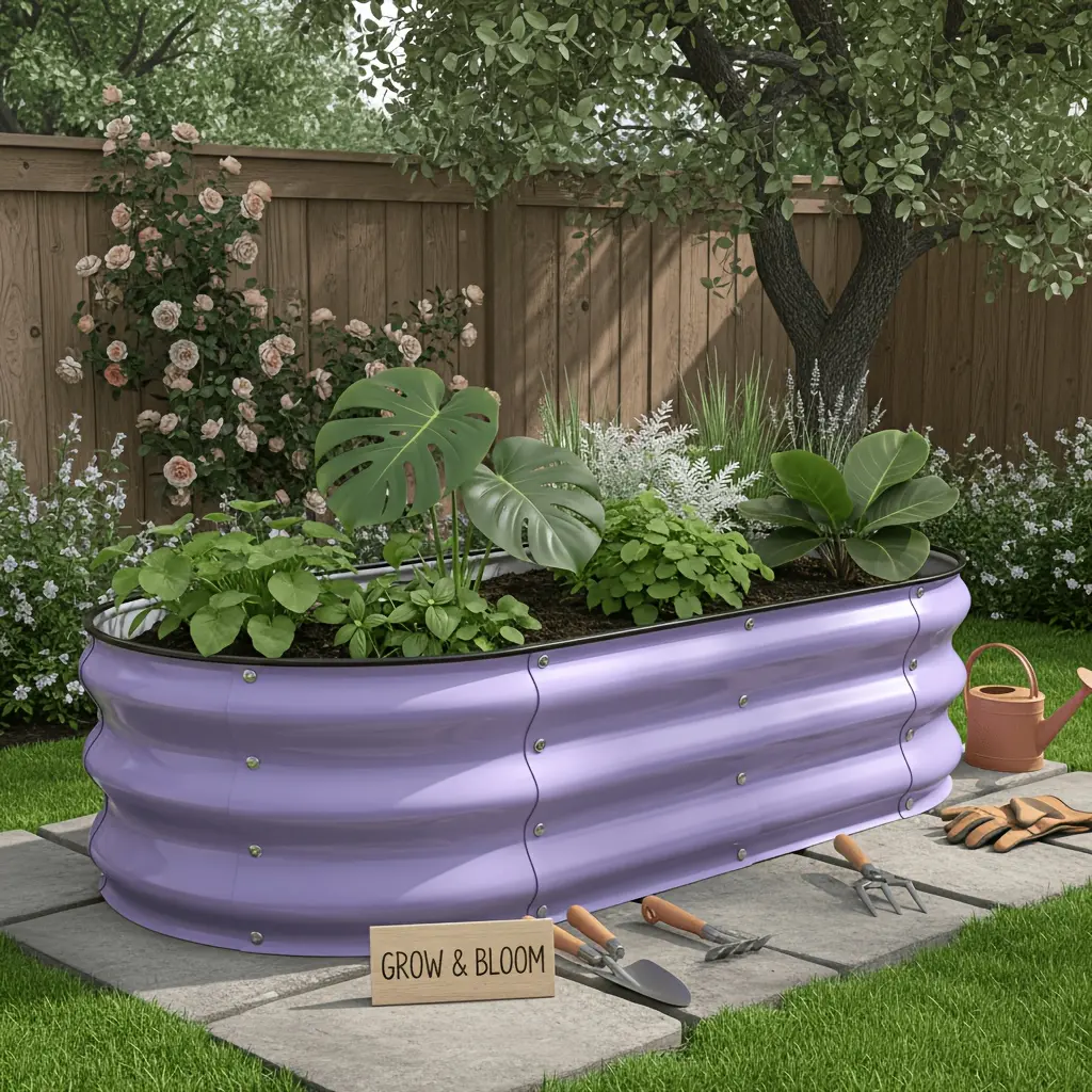 4 X 2 X 1 FT Lavender Purple Galvanized Metal Oval Raised Garden Bed, 12 Inch Depth Open Bottom Planter Box with Drainage Design, Outdoor Patio Backyard Planting Bed for Vegetables, Herbs & Flowers