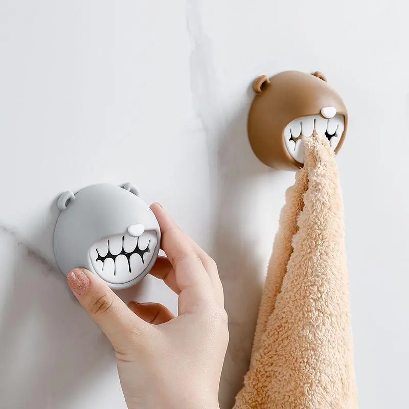 Cute Bear No Drill Towel Clip, Adhesive Wall Mounted Strong Grip Washcloth Holder, Creative Cartoon Bathroom Kitchen Towel Hook for Kids Room Home Decor Household Organizer