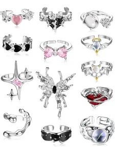13 PCS Y2k Rings For Women Vintage Irregular Rings for Women Men Chunky Adjustable Rings Gothic Goth Open Moonstone Butterfly Star Pink Heart Cool Statement Ring Aesthetic Accessories Ring Set Vintage Rings Jewelry
