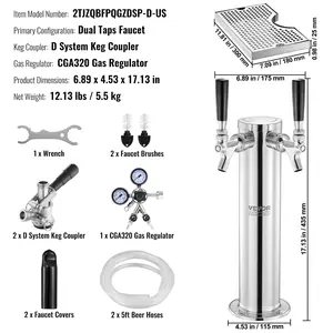 Summervibes VEVOR Kegerator Tower Kit, Dual Taps Beer Conversion Kit, Stainless Steel Keg Beer Tower Dispenser with Dual Gauge CGA320 Regulator D-System Keg Coupler, Beer Drip Tray for Party Home