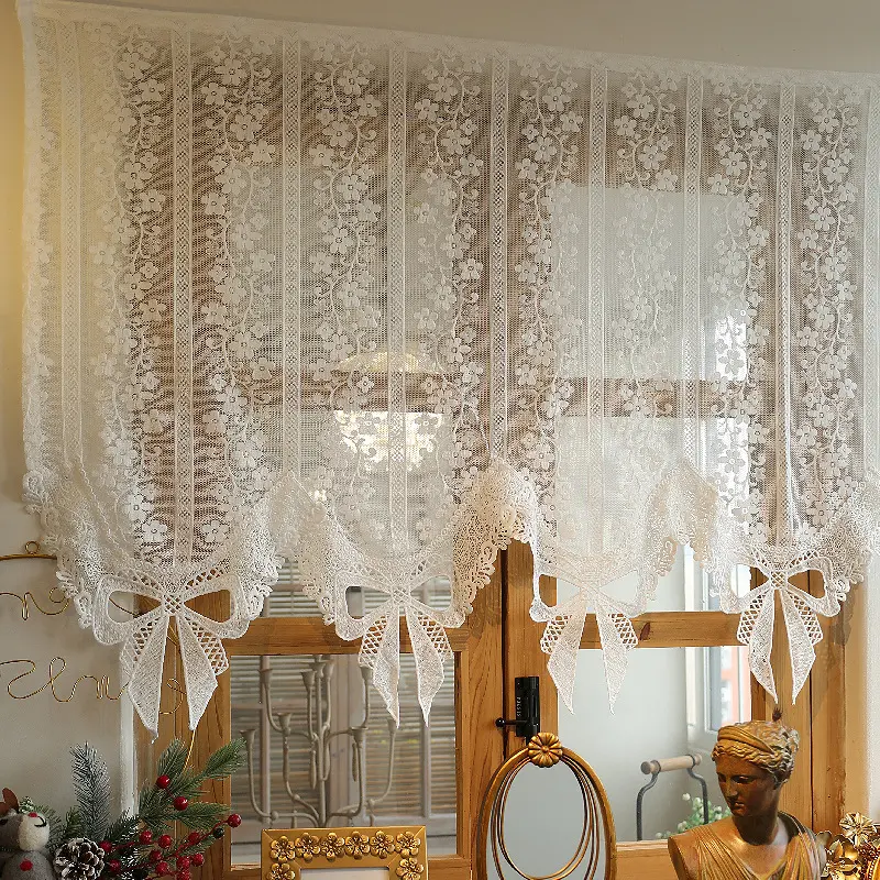 1 Piece Modern Pastoral Romantic White Delicate Floral Knitted Short Valance with Bowknot Lace Trim, Rod Pocket Small Window Treatment Curtain for Kitchen, Living Room, Bedroom Home Decoration