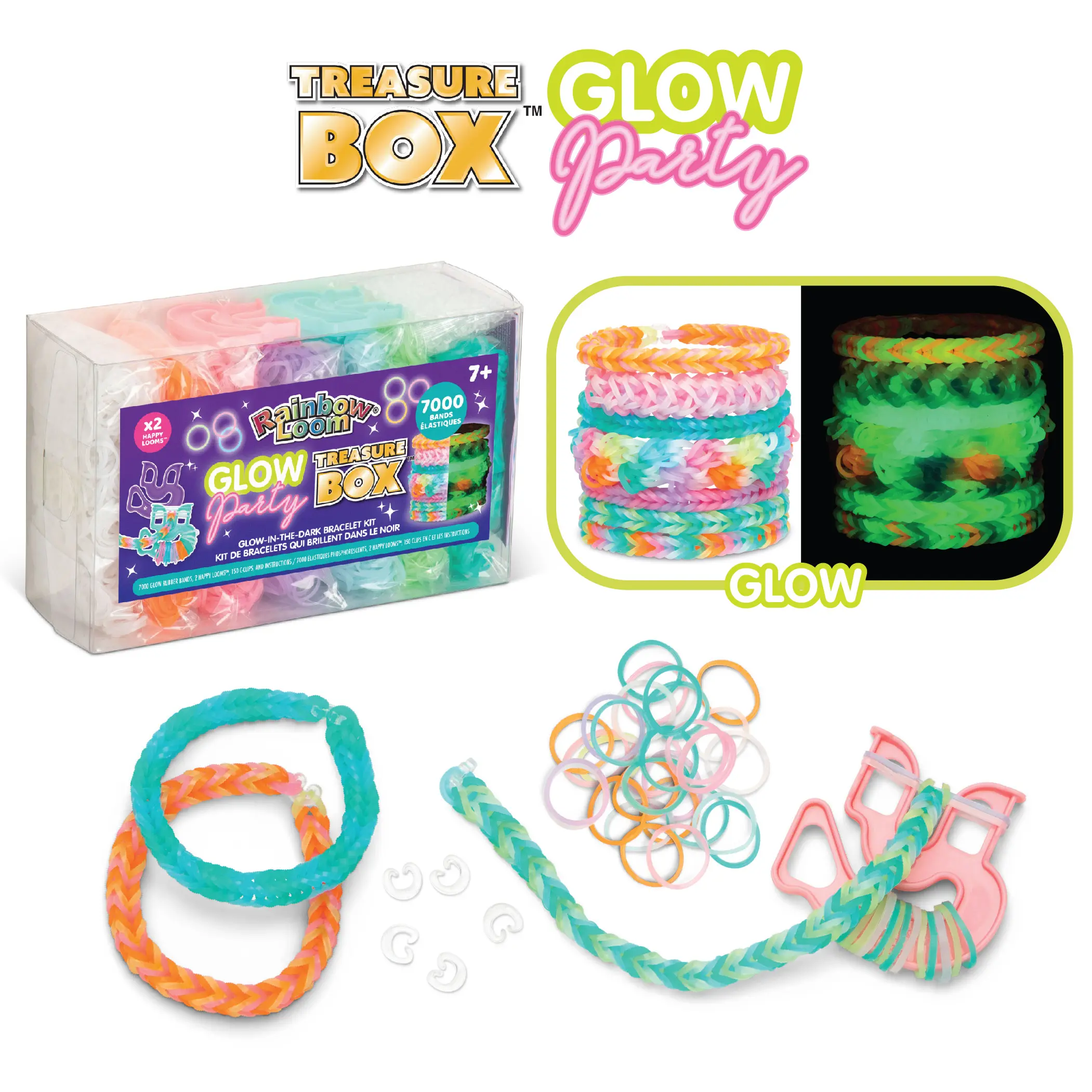 Rainbow Loom Glow in The Dark Party Treasure Box 7,000 Rubber bands and 2 Happy Looms